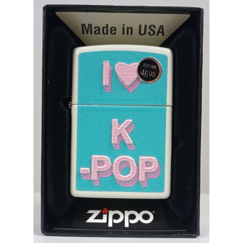 Brand New in Box Genuine Zippo Lighter I Love K-Pop Letters Raised White Matte